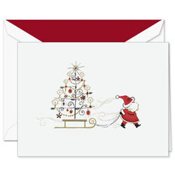 Santa with Sled Folded Holiday Cards - Raised Ink